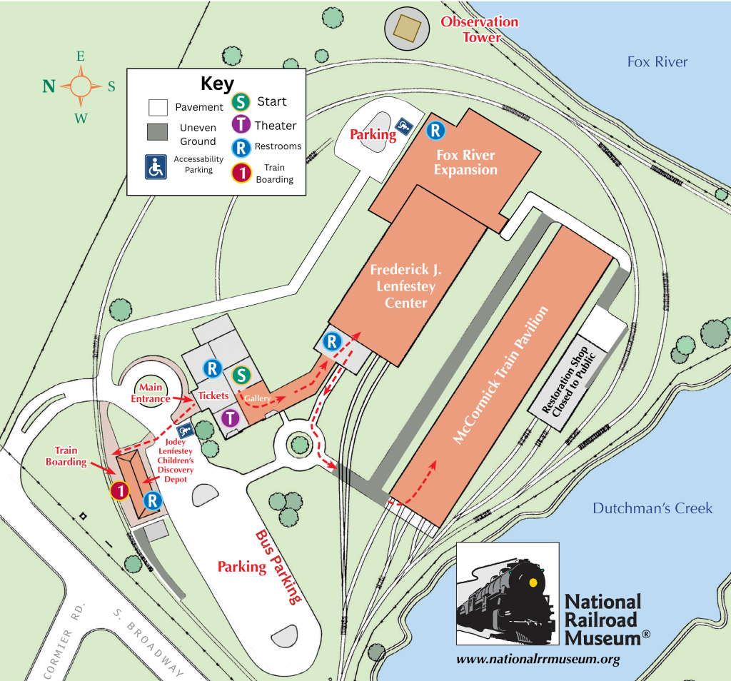 Walking and grounds accessibility map of the National Railroad Museum showing parking, entrances, walking routes, restrooms, and train boarding. A text description of the map is available further down this page.